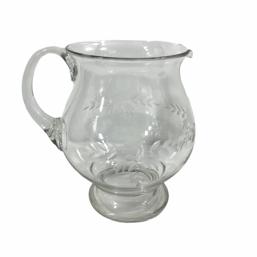 Vintage Etched Floral Pitcher‎ Clear Depression Glass 8" Tall